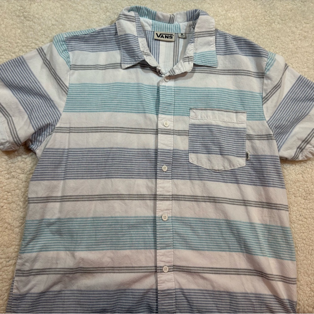Vans Men's Casual Blue, White and Grey Striped Shirt